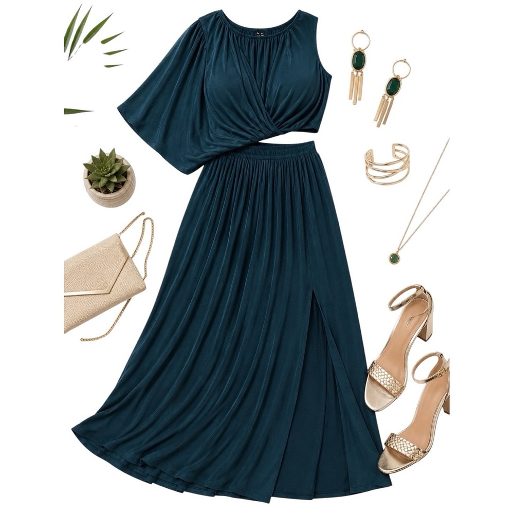 Eloquii Oasis Teal Asymmetrical Flutter Sleeve Formal Maxi Dress Plus ~Size 20